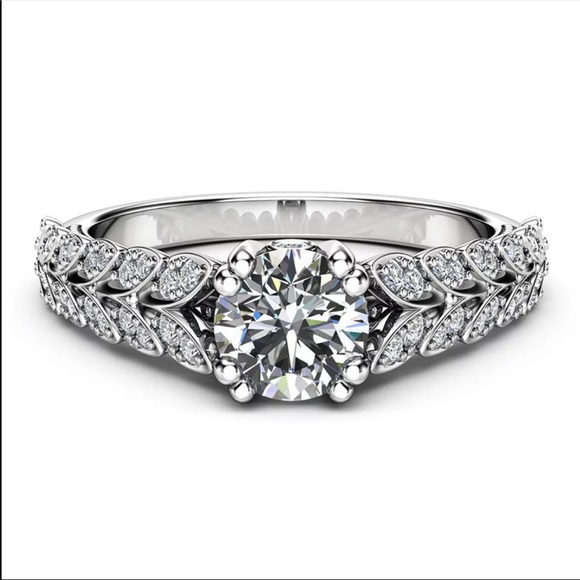 New Elegant 925 Silver Two Row Leaves Diamond Ring - Picture 2 of 4